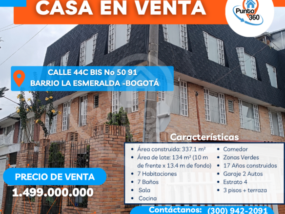 Espectacular Casa Esquinera en Venta Barrio La Esmeralda Bogotá