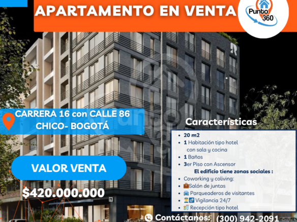 Espectacular Apartamento 20m2 en Chicó Milla de Oro Calle 86